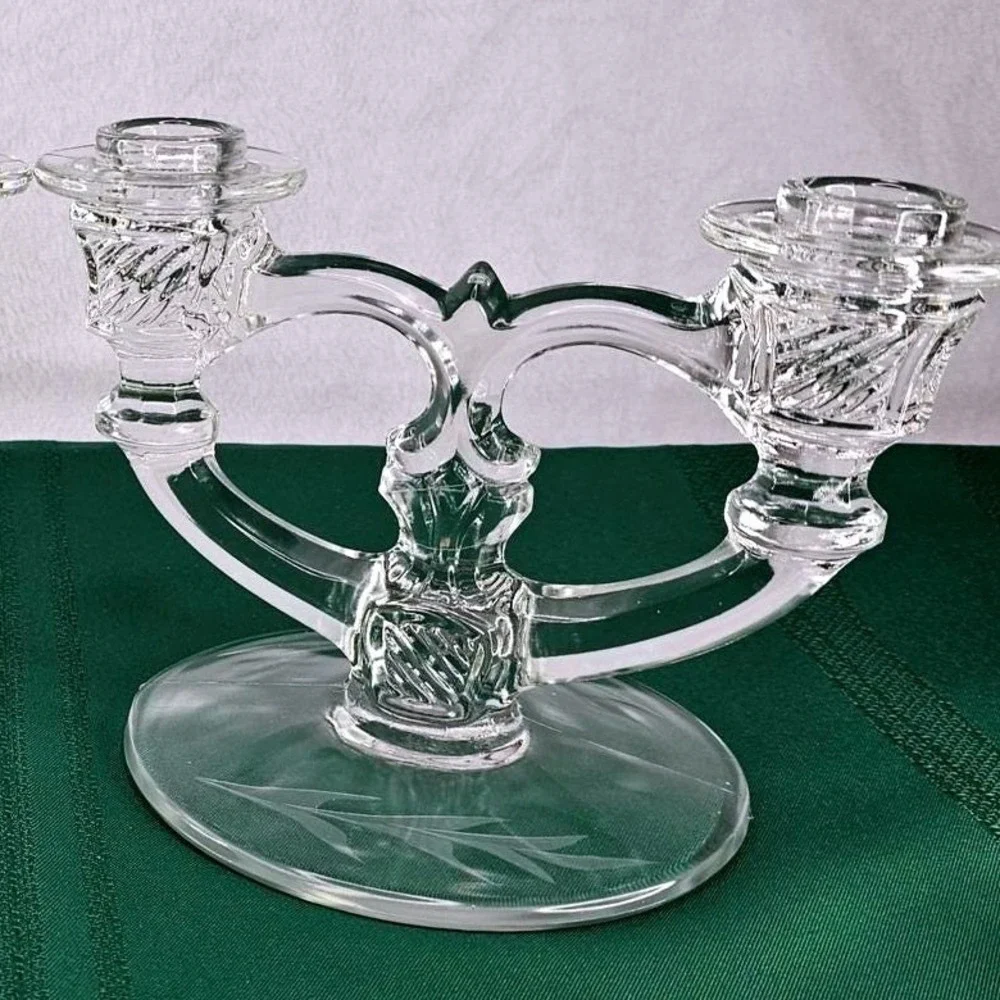 Pair Vintage Etched Glass Taper Candle Holders Double Arm Candelabra Crystal‎